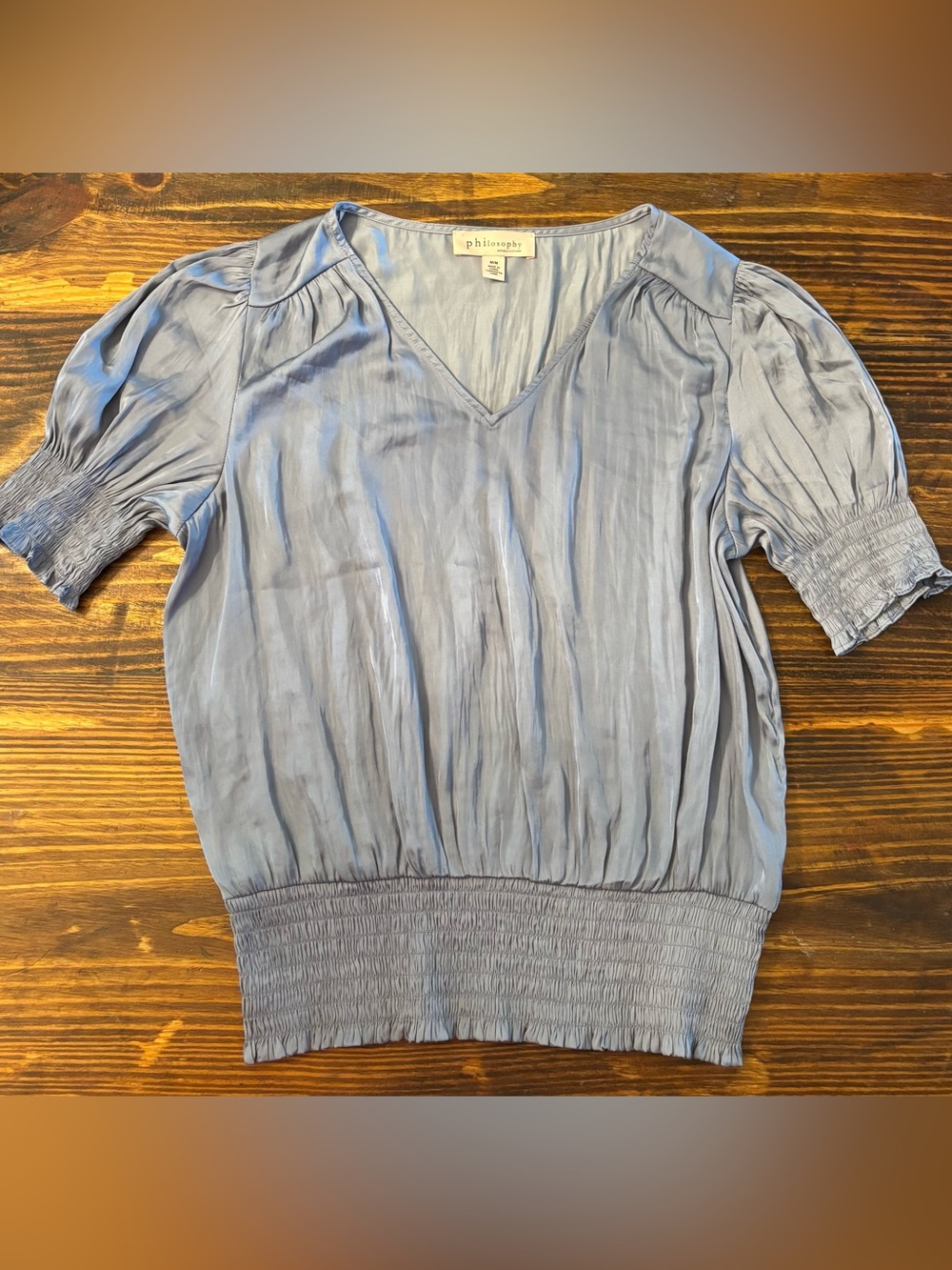 Philosophy Republic Blue Gray Smocked Puff Sleeve Blouse | Medium